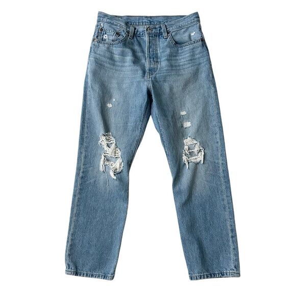 Levi’s 501 Premium Original Cropped Patched Jeans Medium Wash High Rise Size 28 - Picture 2 of 10